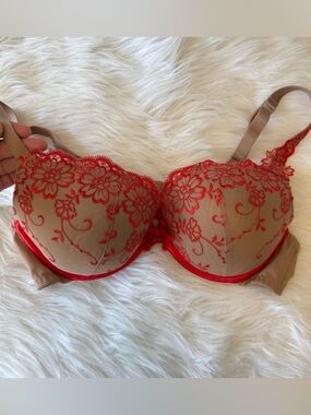 Cacique tan red embroidery underwire bra size 40B